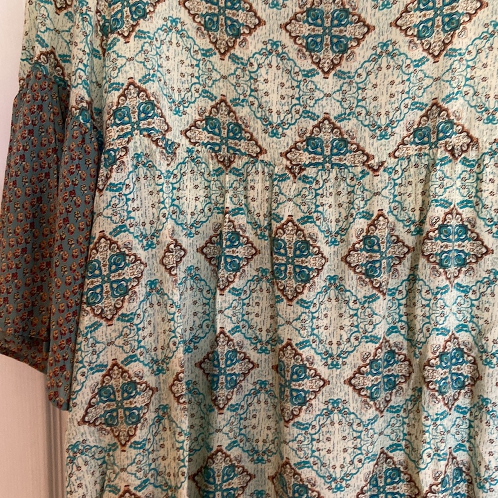 Umgee Aqua Teal Patterned Mini Dress with Olive Bell Sleeves - Picture 5 of 11